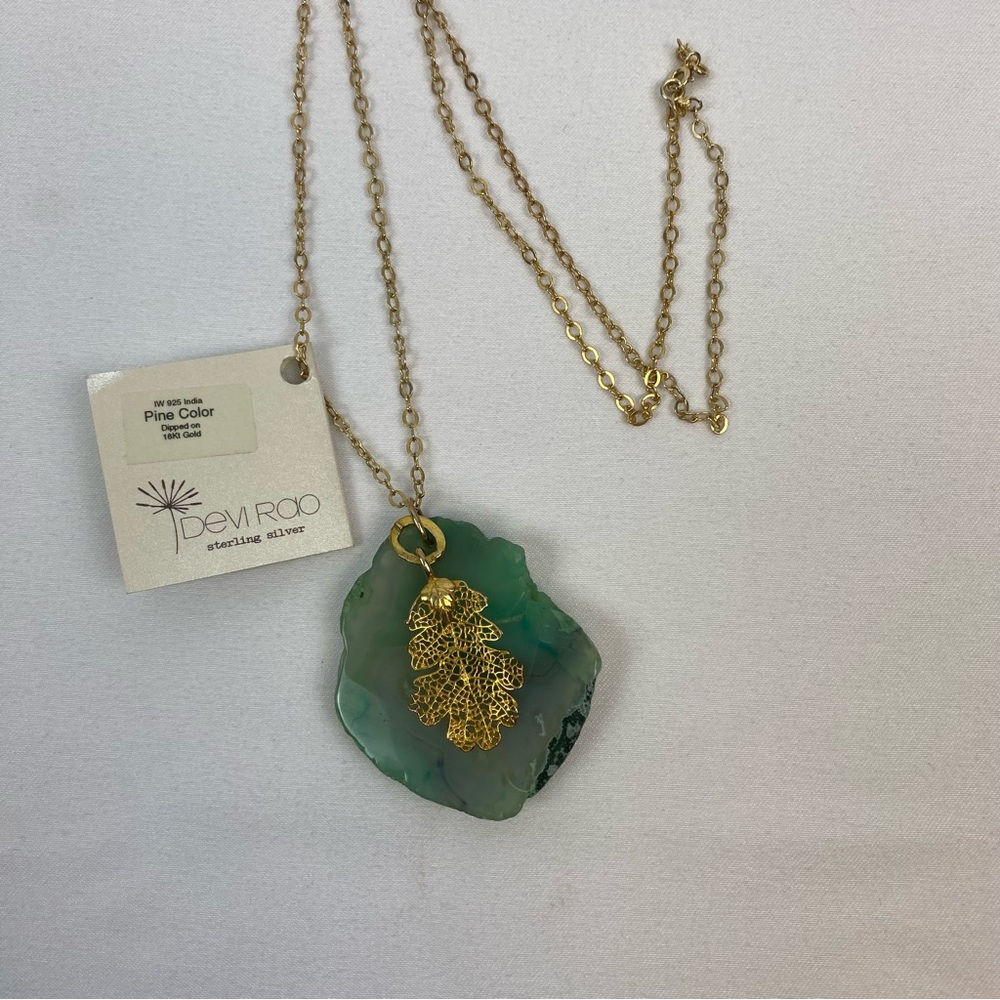 Vintage Devi Rao Green Agate Pendant Necklace Sterling Silver Gold Overlay